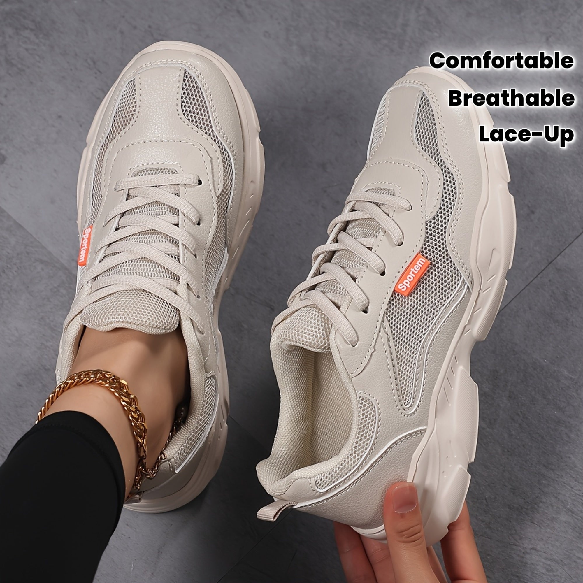 Women's Beige Low-Top Sneakers with Breathable