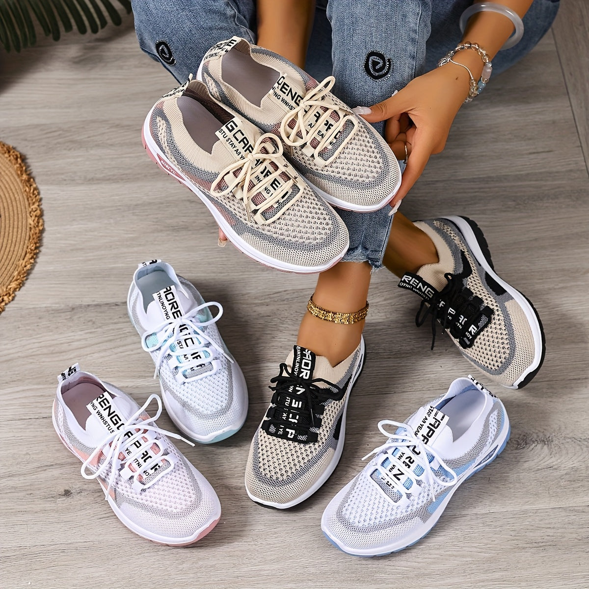 Women'S Lightweight Breathable White Sneakers - Comfortable Low-Top Lace-Up Casual Walking Shoes Featuring a Color Block Design, Suitable for Outdoor Travel And All-Day Wear, Perfect for All Seasons | Stylish Contrast Design | Soft Rubber Sole