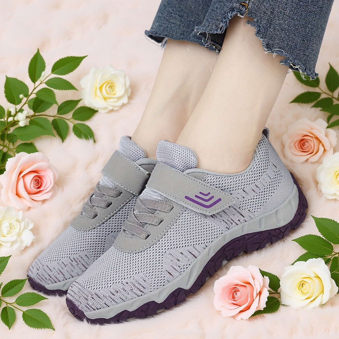 Women's Low-Top Sneakers with Closure - Slip-Resistant Breathable All-Terrain TPR Sole, Cushioned Suitable for Home, Travel, Sports & Hiking, Gray Striped Round Toe Casual Shoes for Gym, Casual Attire & Climbing, Women Shoes